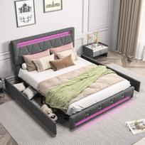 Dvigulė lova 140x200 cm su LED apšvietimu, 4 stalčiais, USB įkrovimu, apmuštu galvūgaliu, grotelių rėmu, lininis audinys, pilka