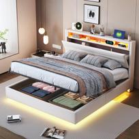 Polsterio lova 140x200 cm, hidraulinė, LED, USB, lininė, smėlio