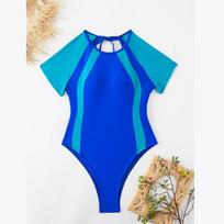 Patchwork Sportiniai Maudymosi Kostiumėliai Moterims Iškirpta Nugara Atvira Nugara Vienos Dalies Maudymosi Kostiumėlis Moteriškas Trumpomis Rankovėmis Maudymosi Kostiumėlis Paplūdimio Drabužiai Monokinis S
