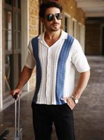 Vyriški polo marškinėliai megztinio tipo Slim Fit stilingi balti mėlyni 3XL — vyriški drabužiai, megzti marškinėliai, smart casual, vasariniai polo, dideli dydžiai, elegantiški marškinėliai, old money stilius, 3XL