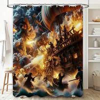 Adventure-themed shower curtain featuring epic sea battle with pirate ships, perfect for adding a touch of excitement to your ba W90xH180cm