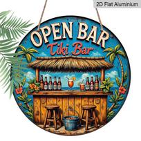 2D Flat - 1pc Vintage Tropical Beach Tiki Bar Metal Aluminum Sign, Aluminum Wall Art with Palm Trees, Cocktails &  Open Bar  Text - Vibrant Coastal 7.87×7.87inch