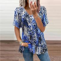 Fashion Leopard Print Printing Blouses Short Sleeve V-Neck T Shirts Casual 8XL pilka