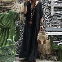 Moteriškas V formos iškirptės šikšnosparnio rankovių patchwork nėrinių ilga laisva suknelė Vestido Robe Kleid XXXXXL juoda