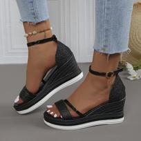 Large Size Wedge Sandals Thick-soled Fish Mouth Buckle with Rhinestone Bag Heel Sponge Cake Ladies Sandals 43