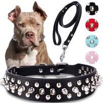 Dog Collar With Leash, PU Leather Dog Collars For Bull, Studded For Small Medium Large Dog XL juoda
