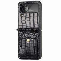 „Samsung Galaxy Z Flip 4 Crocodile Pattern“ kreditinių kortelių lizdo piniginės dėklas su diržu, atspariu smūgiams, odiniu galiniu dangteliu For Galaxy Z Flip 4 juoda