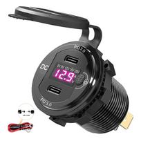 Upgrade USB C Car Charger Socket Fast Charge Dual 45W PD3.0 Power Outlet with LED Voltmeter for 12-24V Car Marine RV Motorcycle With Cable raudona