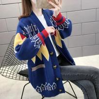 Lazy Jacquard V-neck Long Sleeve Warm Loose Sweater Cardigan Women's Knitted Loose Sweater Jacket Wild Knit Cardigan L