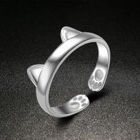 Cat Ring Female Opening Chinchilla Ears Paw Tail Ring Live Mouth Ring Glossy Silver Jewelry AVE