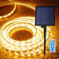 Solar-Powered LED Strip Light, Outdoor, 8 Lighting Modes, Remote Control, Waterproof, 3000K, Solar and USB Charging, for Gardens, Decks, Porches,