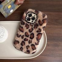 Fashion Leopard Furry Plush Lens Bracket Phone Case For iPhone 17Air 15 14 13 12 11 16 Pro Max With Wrist Chain Shockproof Cover iPhone 15