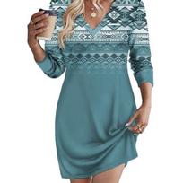 Moteriška suknelė V kaklo Retro geometrinio rašto gradiento kontrasto spalvos ilgomis rankovėmis laisvas megztinis Minkštas, kvėpuojantis virš kelių Moteriška mini suknelė 3XL mėlyna