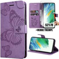 Case - BOOLING - for Samsung Galaxy S21 FE - Purple PU Leather - Butterfly Pattern - Full Protection