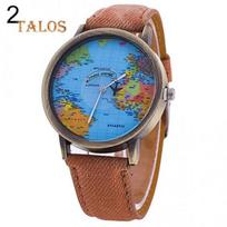 Women's World Map Dial Denim Fabric Strap Analog Quartz Students Wrist Watch Trinket kava
