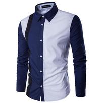 Men's Long Sleeve Button Front Patchwork Shirt Slim Fit Casual Formal Top M white