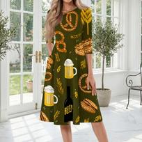 Casual Women's Mid-Length Dress with Round Neck and Three-Quarter Sleeves Featuring Beer Festival Print Comfortable Fit S tamsiai mėlyna