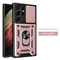 „Samsung Galaxy S23 Ultra Case“ automobilio magnetinio laikiklio žiedinio šarvinio telefono dėklas, skirtas „Samsung S 23 S23 Plus“ slankiojančiam fotoaparato apsauginiam dėklui For Galaxy S23 Ultra rožinio aukso spalvos