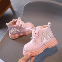Bota Girl Short Boot New Autumn Winter Shiny Pearls Single Boot Fashion Boy Ankle Boot Pink White Black Boot Kid Shoe Girl Shoes 21 insole13cm rožinė