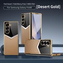 For Samsung Galaxy Z Fold 7 6 5 4 3 Electroplated PC Color Blocked Leather Tempered Film Shockproof Folding Phone Case For Galaxy Z Fold 5