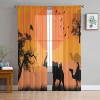 African Safari With Camels And Elephant On Sunset Tulle Sheer Curtains for Living Room Kitchen Decoration Voile Organza Curtains 135W x 114H(cm)