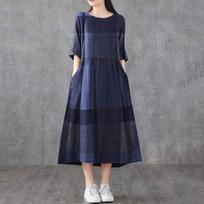 Moteriškos medvilninės lininės suknelės Vintažinės languotos pusės rankovių „Midi Vestidos“ Laisvalaikio, ilgo kaklo saulės suknelės, šventiniai kišeniniai chalatai L mėlyna