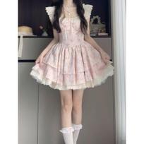 Sweet Spice Girl Pink Floral Dress Women's Summer Xiaofei Sleeve Design Sense Princess Cake Dress Waist Fluffy Dress S- (can be worn within 45kg) rožinė