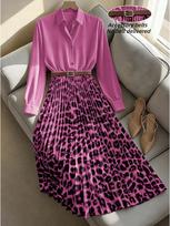Elegant Leopard Print Pleated Waist-Cinching Dress - 2026 New Style Women's H-Line Skirt XL black