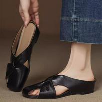 Fashion 2025 Summer New Baotou Hollow Flat Shoes Women's Outer Slippers Fashion Soft Leather No Heel Soft Sole Lazy Half Slippers 35