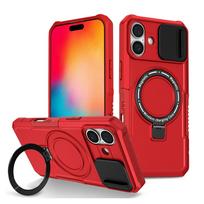 KEYSION Magnetinis žiedinis stovo dėklas, skirtas MagSafe, skirtas iPhone 16 Pro Max Slide Camera Apsauga Smūgiams atsparus telefono dangtelis, skirtas iPhone 16 for iPhone 16 raudona