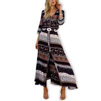 Moteriška bohemiška ilga suknelė su gėlėmis spausdinta retro stiliaus hipiiška prabangi boho suknelė paplūdimio suknelė 2XL ruda