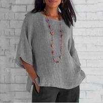Female Summer Solid Color Three-quarter Sleeve Round Neck Cotton and Linen Shirt Top XL pilka