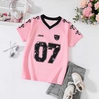 Girly Collar Short-sleeved T-shirt, Pink and Black Contrast Color Bow Embellished Loose Casual Summer Top S rožinė