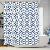 Blue White Ceramic Tile Pattern Waterproof Shower Curtain 3D Printing Bathroom Decor Waterproof Fabric Blue White Bath Mat Print W60H190(CM)-1 Pcs