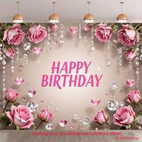 2D Elegant Floral Birthday Backdrop, Pink Rose & Diamond Decor Background Cloth 47.2x31.5inch/120*80cm white