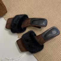 Fashion Liyke Strange Style Fretwork Wedges Shoes For Woman Fur Fluffy High Heels Slipper Fashion Party Dress Sandal Female Mules Slides 35