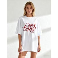 Didelio dydžio juodi marškinėliai su Lana Del Rey logotipo atspaudu, kasdienis gatvės stiliaus viršus moterims S balta