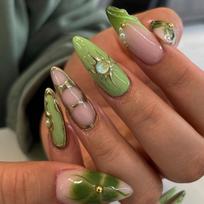 10Pcs Handmade Long Almond Press On Nails, Nude with Green Ombre & Gold Line Rhinestone & Pearl Fake Nails United States