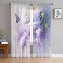 Oil Painting Purple Lavender Butterfly Sheer Curtains for Kids Bedroom Living Room Voile Window Curtains Tulle Drapes W135 x H114cm gray