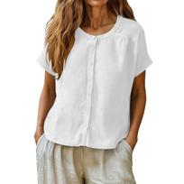 Womens Button Down Short Sleeve Blouse Loose Fit Casual Linen Shirt Crew Neck Lightweight Summer Top XL balta