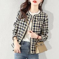 Pavasario žiemos moteriška striukė juodai balta čekiu Tweed Plus Size XXXL
