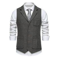 Cozy Up Men's Slim Fit Herringbone Tweed Suits Vest Premium Wool Blend Waistcoat S tamsiai pilka spalva