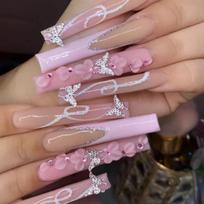 24Pcs Long Coffin Pink French Press On Nails, 3D Flower & Butterfly Rhinestone Decor Fake Nails for Women United States