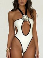 Black White One Piece Swimsuit Sexy Women Solid Swimwear High Cut Patchwork Bathing Suit Beach Party Female Backless Sweet Fashion Design Swimsuit L juoda