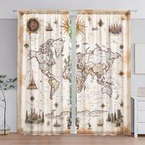 2 Panels Retro Nautical Map Pattern Window Curtains   Half Blackout Suitable for Artistic Home Decorative Curtains 100*130 Rod Pocket 1pcs