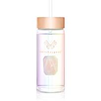 Crystallove Clear Quartz Straw Water Bottle stiklinis buteliukas vandeniui su šiaudeliu Hologram - Rose Quartz 400 ml