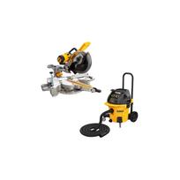 DWS727 DeWALT skersinio pjovimo staklės (250mm) + DWV905M DeWALT sauso/šlapio valymo statybinis dulkių siurblys