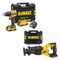 DCD100YD2T + DCS382NT DeWALT 18V XR suktuvas – smūginis gręžtuvas + DeWALT 18V tiesinis pjūklas (2x2.0 Ah)