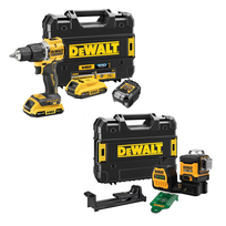 DCD100YD2T DeWALT 18V XR suktuvas – smūginis gręžtuvas + DCE089NG18 12/18V XR 3x360° lazerinis nivelyras (2x2.0 Ah)