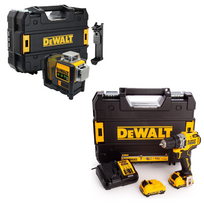 DCD701D2 + DCE089GNT DeWALT 12V kompaktiškas suktuvas-gręžtuvas + DCE089GNT DeWALT kryžminių linijų lazeris (2x2.0 Ah)